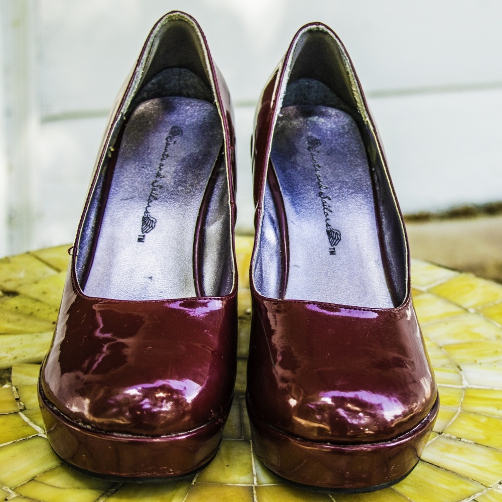 Red patent platform wedges
